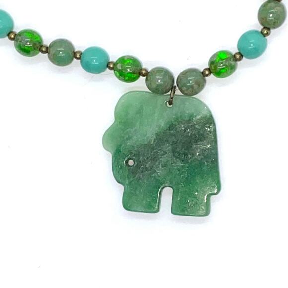 Handmade Bead Teal Rocks & Green Elephant Necklace - Picture 5 of 7
